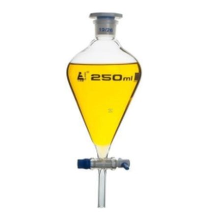 Embudo de separación 250 ml - Tapón de polietileno 19/26, llave de paso de PTFE, sin graduar. Vidrio de borosilicato
