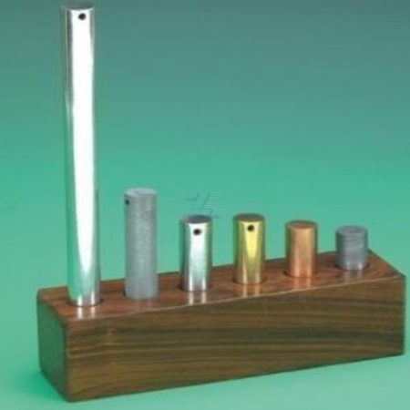 Juego de 6 cilindros de metal de igual masa y volumen diferente: Cobre, plomo, latón, zinc, hierro y aluminio