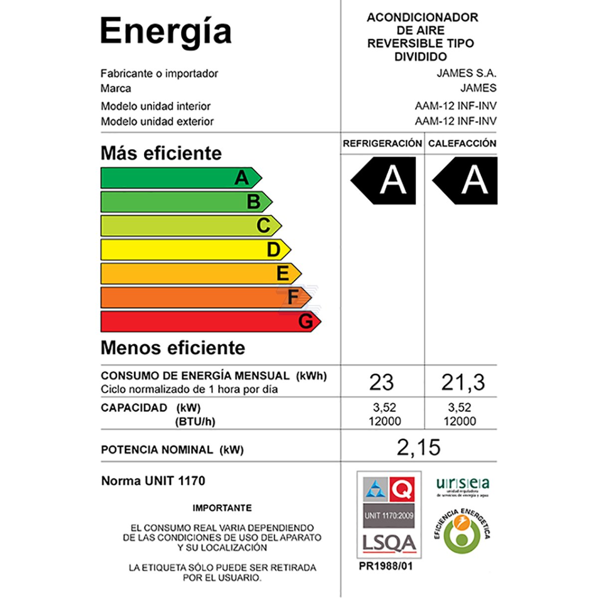 Aire Acondicionado James Inverter De 12.000 Btu 2150w - Imagen 2