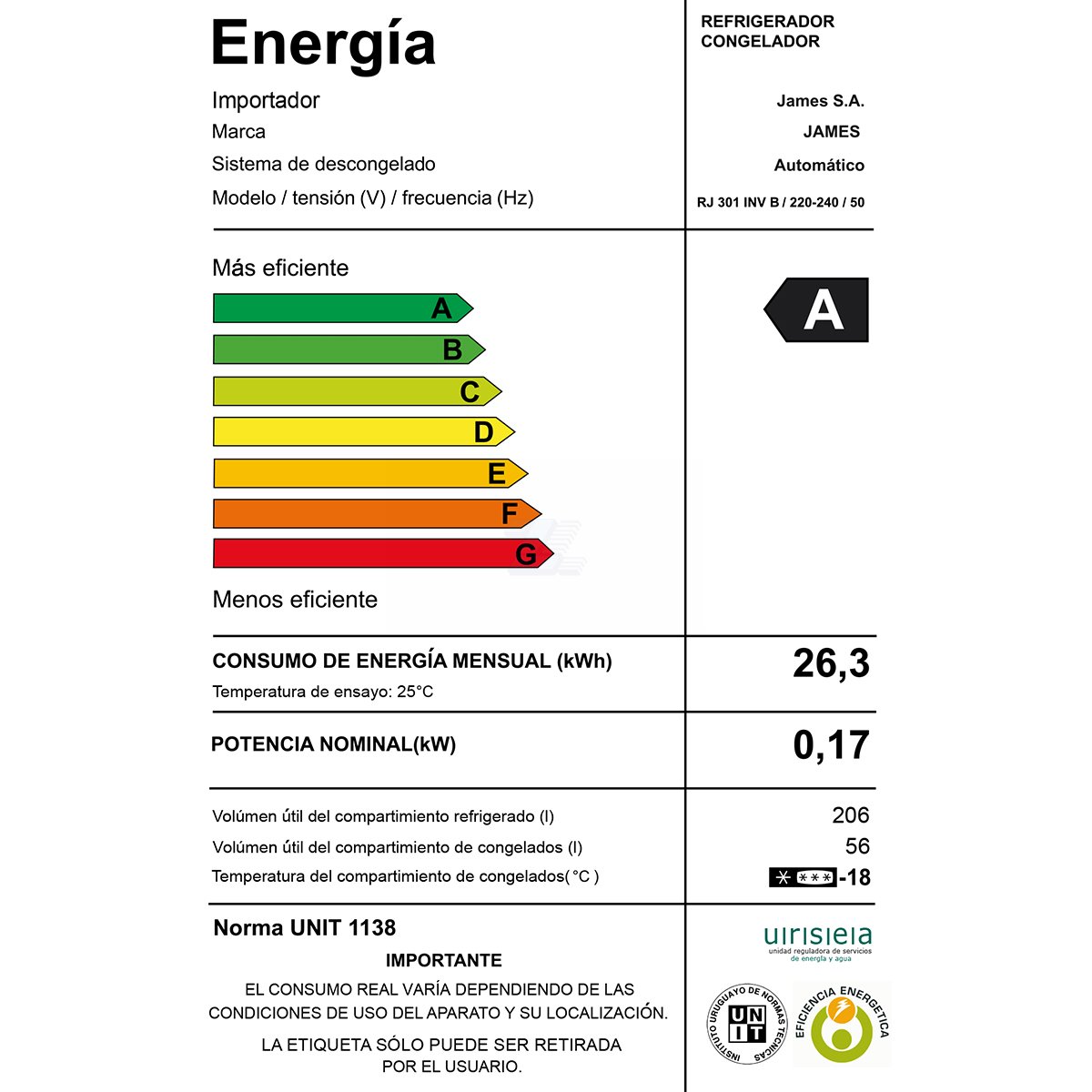 Heladera con freezer James RJ 301 Inv B frío seco clase A color blanco - Imagen 3