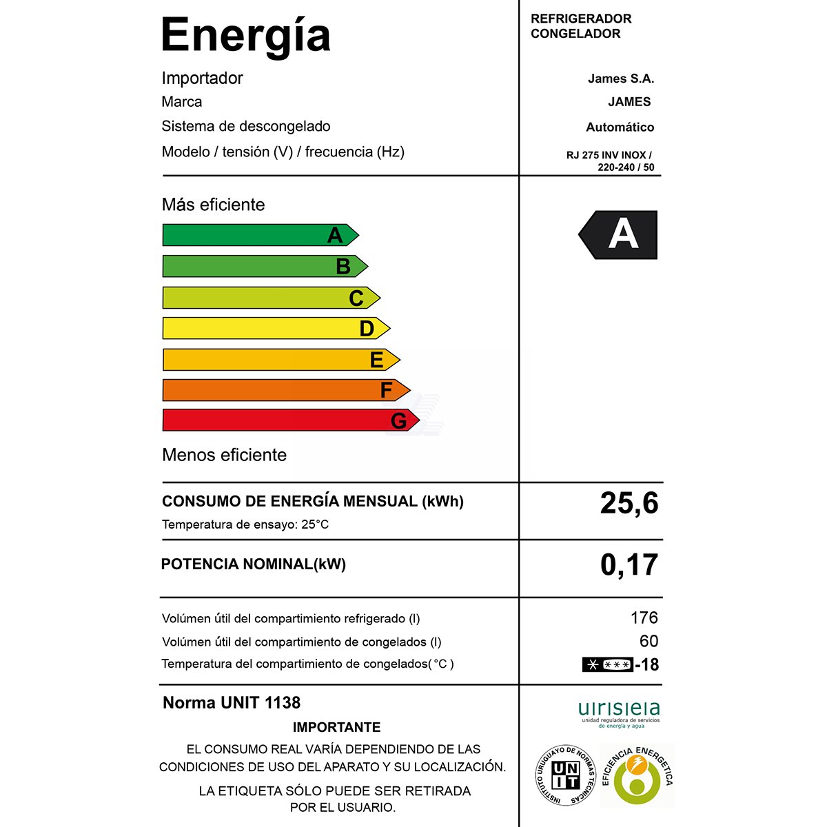 Refrigerador James Rj 275 Inv Inox Frío Seco - Imagen 3